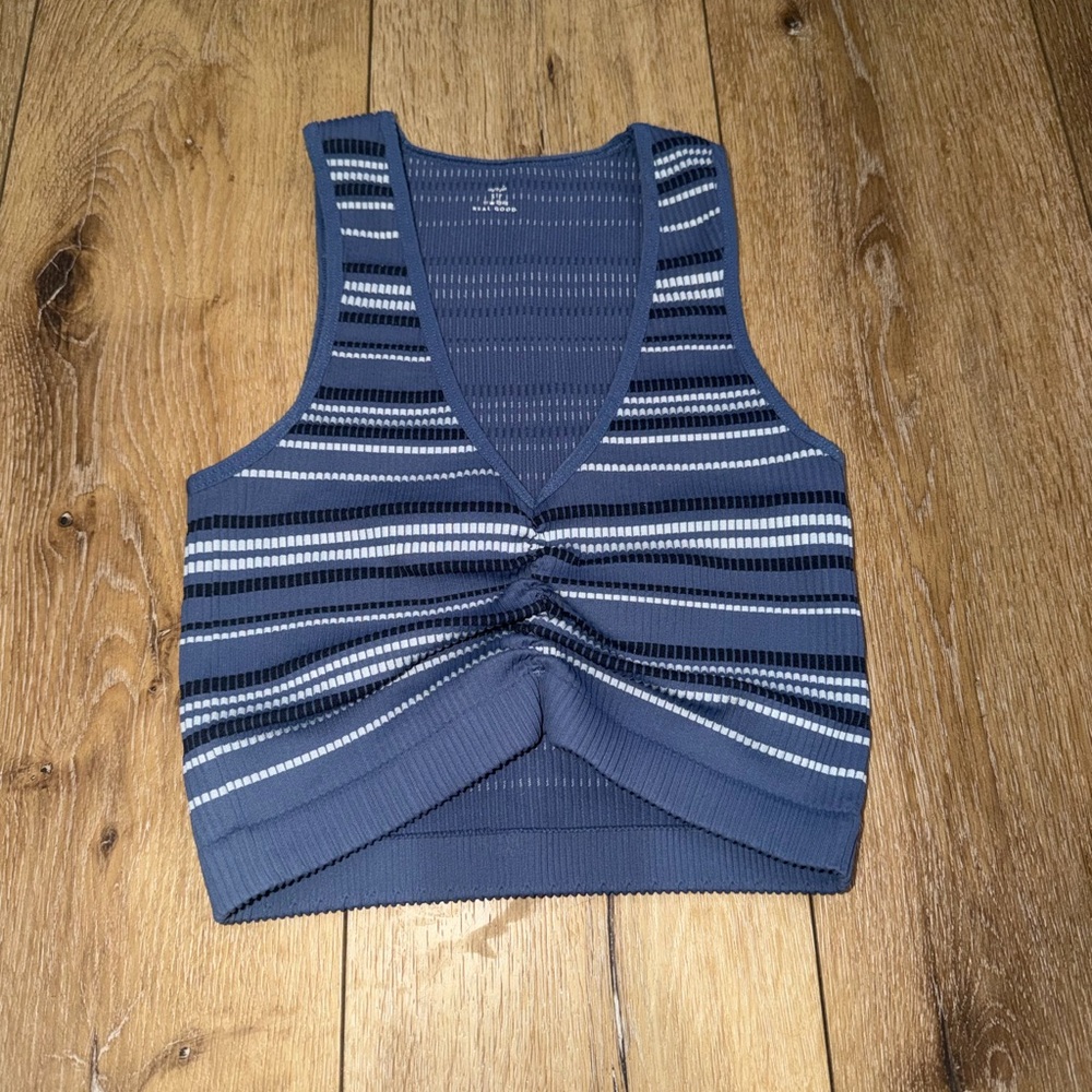 Aerie Ribbed Blue Striped Crop Tank Top with Deep V-Neck Small